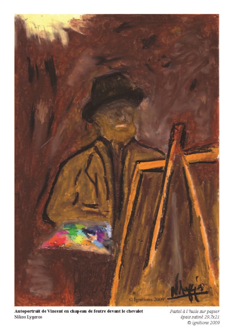 Nikos Lygeros - Autoportrait de Vincent en chapeau de feutre devant le chevalet.